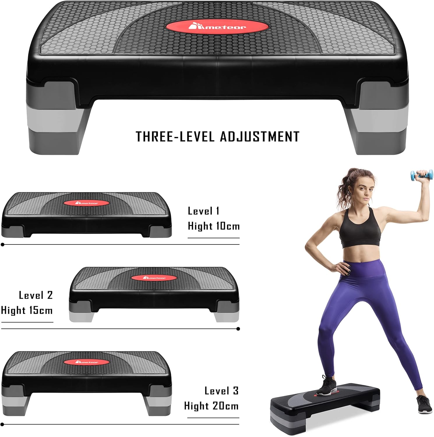 METEOR Aerobic Step Platform 3-Level Adjustable Stepper 200kg Capacity Non-Slip Surface Cardio Training
