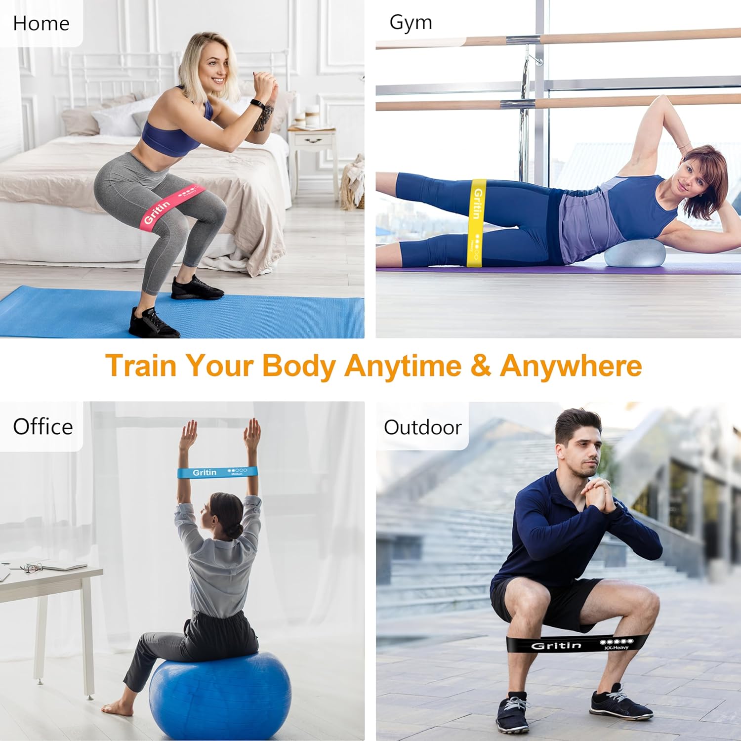 Gritin Resistance Bands Set of 5 Loop Bands with Carrying Case Fitness Exercise Training