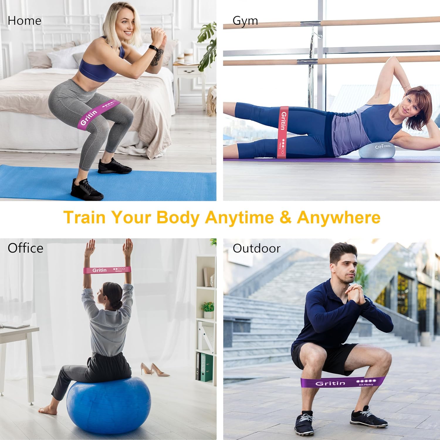 Gritin Resistance Bands Set of 5 Loop Bands with Carrying Case Fitness Exercise Training