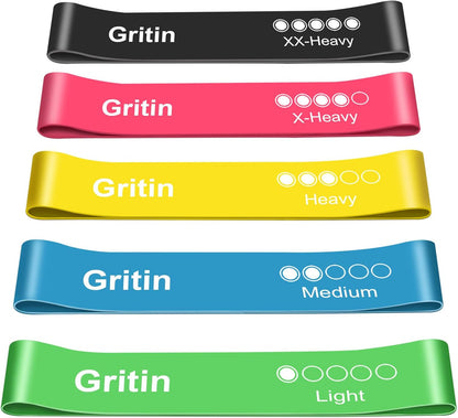 Gritin Resistance Bands, [Set of 5] Skin-Friendly Resistance Fitness Exercise Loop Bands with 5 Different Resistance Levels - Carrying Case Included - Ideal for Home, Gym, Yoga, Training