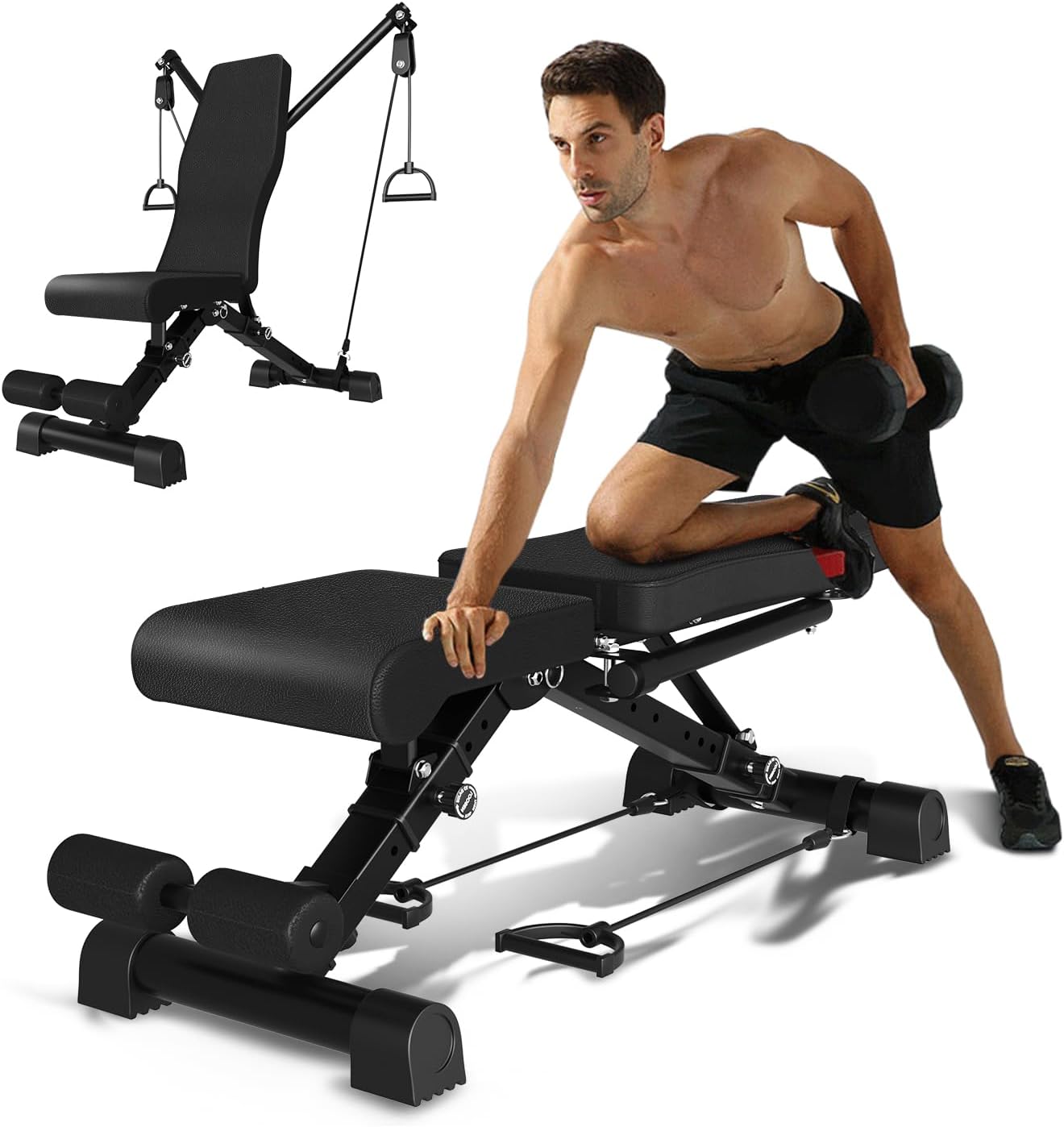 Adjustable Weight Bench for Home Gym Bench Press Bar 500KG Capacity Full Body Strength Training Foldable Incline Flat Decline Bench with Resistance Rope Quick Release Folding System( 13 in 1, Black )