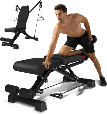 Adjustable Weight Bench for Home Gym Bench Press Bar 500KG Capacity Full Body Strength Training Foldable Incline Flat Decline Bench with Resistance Rope Quick Release Folding System( 13 in 1, Black )