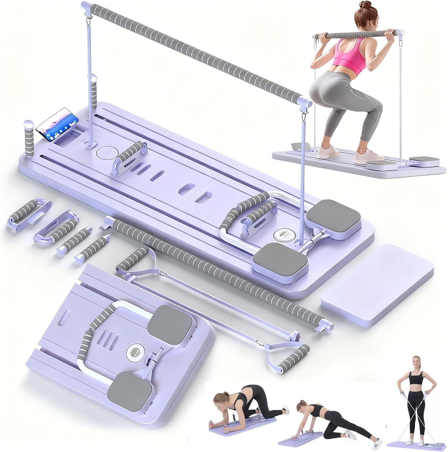 Multi Purpose Portable Pilates Board Reformer Set, 6-in-1Reformer Pilates Machine with Pilates Bar, Timer for Home Gym, for Home Gym Workout, Full Body Workout Pilates Equipment Kit for Women and Men