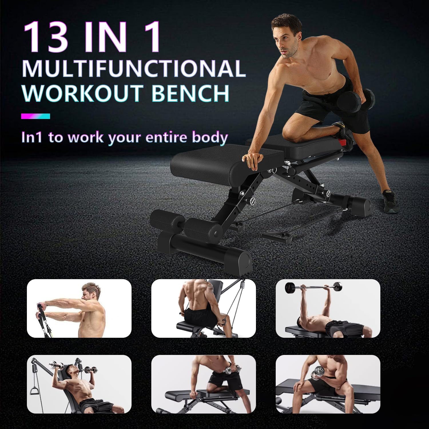 Adjustable Weight Bench 500KG Capacity Foldable Incline Flat Decline with Resistance Rope 13-in-1