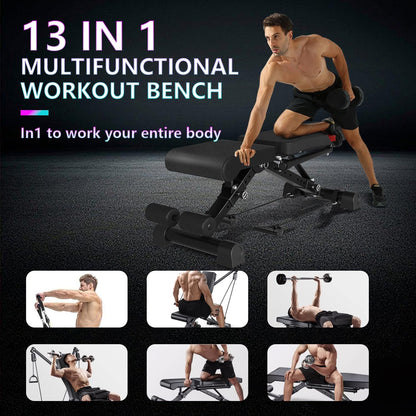 Adjustable Weight Bench 500KG Capacity Foldable Incline Flat Decline with Resistance Rope 13-in-1
