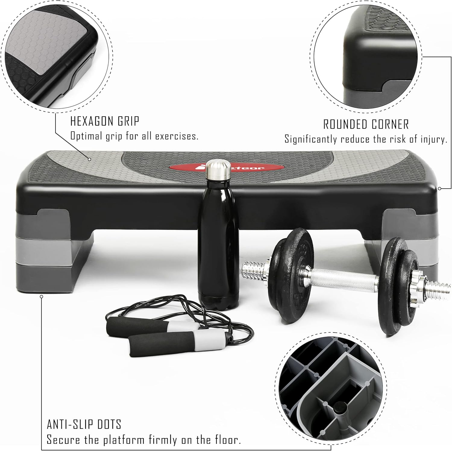 METEOR Aerobic Step Platform 3-Level Adjustable Stepper 200kg Capacity Non-Slip Surface Cardio Training