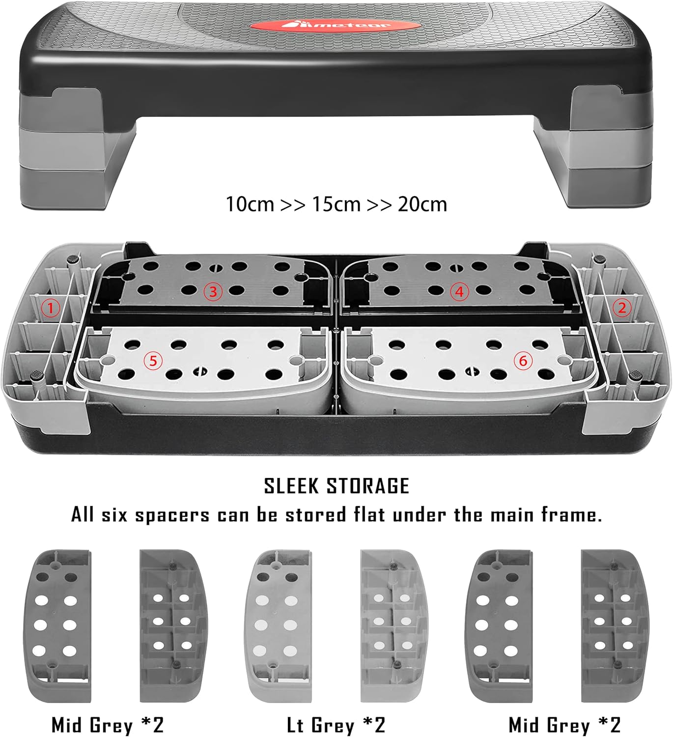 METEOR Aerobic Step Platform 3-Level Adjustable Stepper 200kg Capacity Non-Slip Surface Cardio Training